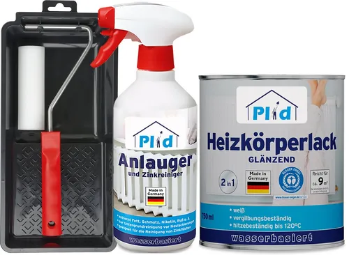 plid Heizkörperlack Premium Heizkörperlack LF Thermolack weiß Glänzend Set - Heizkörperlacke, schnelltrocknend und bis 120 Grad temperaturbeständig, ideal für alle Warmwasserheizkörper und Rohrleitungen.
