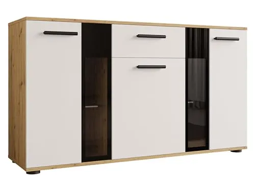 Mirjan24 Kommode Eiche Artisan in Weiß - Moderne Kommode aus Holzwerkstoff mit 1 Schublade, ideal für das Wohnzimmer. Maße: 141x80x41 cm, inklusive Montageanleitung für einfachen Selbstaufbau.