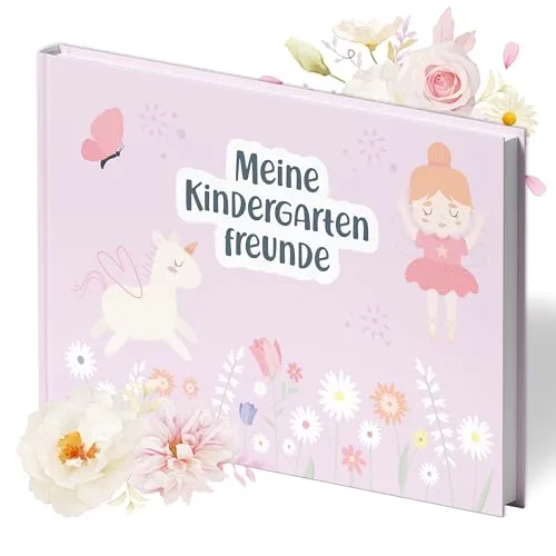 Amari ® Mein Kindergarten Freundebuch (Feen) – Erinnerungsbuch mit bunten Seiten zum Ausfüllen – Freundebuch für Kinder – Geschenk Kindergarten, Freundschaftsbuch, Posiealbum, Mädchen