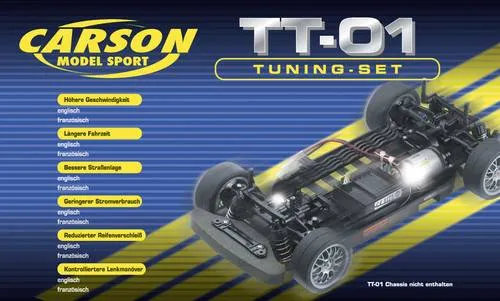 Carson 500908123 Tuningsatz TT-01 - Optimales Tuning für Tamiya RC Modelle - Auto-Modellbausätze: Tuning-Set für TT-01 und TT-01E mit Kugellagern für höhere Geschwindigkeit und Öldruckstoßdämpfern für bessere Bodenhaftung.