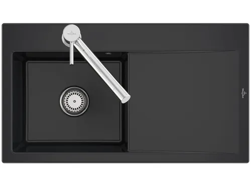 Villeroy & Boch Subway Style 50 Einbauspüle - Moderne Keramikspüle in Pure Black mit Handbetätigung, ideal für stilvolle Küchen. Inklusive Ablaufgarnitur und für Unterschränke ab 50 cm geeignet.
