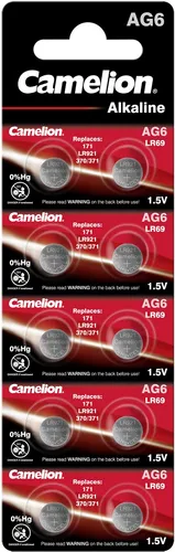 Camelion Alkaline Knopfzelle AG6 - 10er Blister - Einweg-Batterien mit geringem Stromverbrauch, ideal für hochwertige Geräte. Zuverlässige Leistung mit 1,5 V und 30 mAh für langlebige Nutzung.
