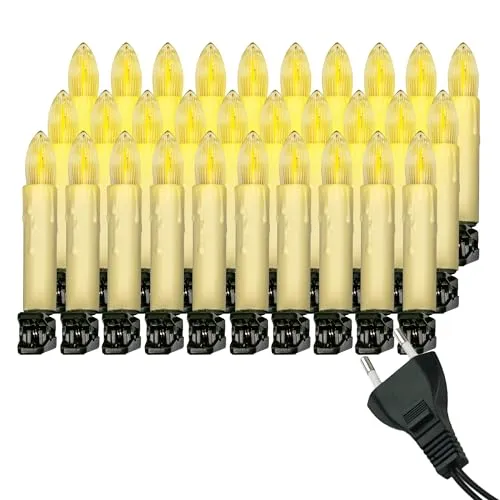 Retro Weihnachtsbaum-Lichterkette mit LED Filament Kerzen – Nostalgische Baumbeleuchtung (30 Kerzen, creme)