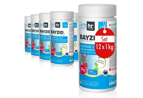 BAYZID® Multitabs 20g 5in1 für Pools - 12x 1 kg - Poolzubehör für zuverlässige Langzeitchlorung, sorgt für stabilen pH-Wert und ist kalkfrei. Ideal für die komplette Wasserpflege mit Anti-Algenmittel und Flockungsmittel.