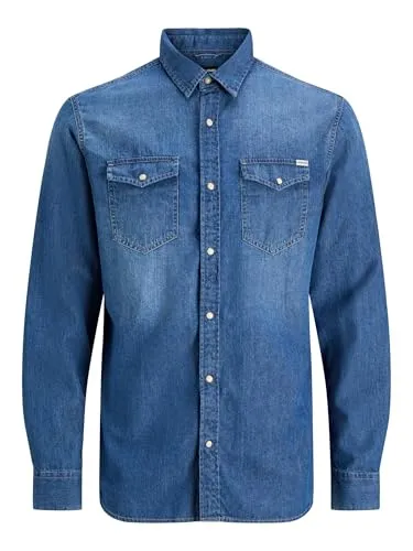 JACK & JONES Herren JJESHERIDAN Shirt L/S NOOS 12138115, Medium Blue Denim - Herrenhemden aus 100% Bio-Baumwolle, umweltfreundlich und mit praktischen Brusttaschen für den Alltag.