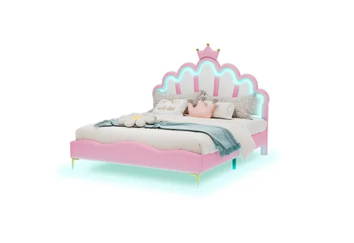 Odikalo Kinderbett Kronenform mit LED-Licht in Rosa/Weiß - Einzigartiges Kinderbett in Wolkenform mit roter Krone, ausgestattet mit farbwechselnden LED-Lichtleisten. Ideal für ein modernes und verträumtes Schlafzimmer. Sicherer und langlebiger PU-Kunstlederbezug, höhenverstellbar für individuelle Matratzenhöhen.
