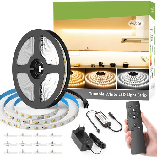 6M LED Stripe Leiste - Warmweiß & Kaltweiß - Lichtschläuche & -ketten, dimmbar und mit Fernbedienung für individuelle Beleuchtung in jedem Raum. Energieeffizient und einfach zu installieren.