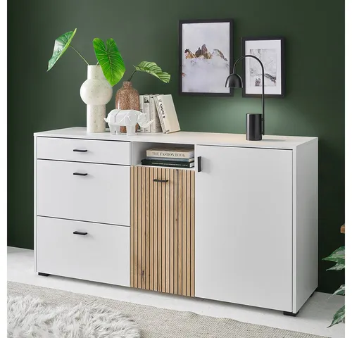 Lomadox Kommode HUNTER-61 - Moderne Kommode in weiß matt mit Eiche gerillt, 150x79,6x42 cm – ideal für stilvolle Wohnräume. Mit Softclose-Funktion für sanftes Schließen und großzügigem Stauraum.