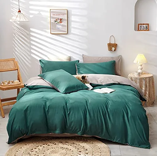 Damier Dunkelgrün Bettwäsche 135×200cm Grün Beige Wendebettwäsche Set 2 Teilig Superweiches Microfaser Bettbezug mit Verdecktem Reißverschluss und Kopfkissenbezug 80 × 80 cm