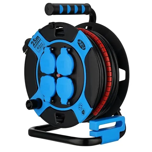 REV Kabeltrommel 25m Outdoor - mit Kabelschutz, 4 Schutzkontaktsteckdosen, IP44, schwarz