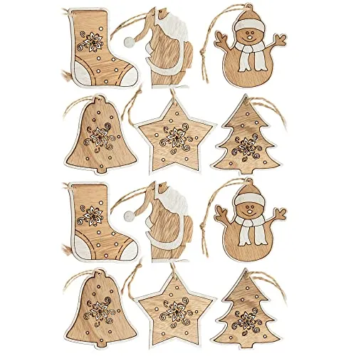 com-four® 12x Tannenbaumschmuck Holz-Anhänger Set - Weihnachtsbaumschmuck zum Dekorieren - Christbaumschmuck in 6 weihnachtlichen Designs