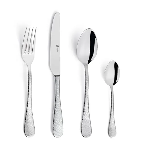 PW Paul Wirths MONDO Besteckset 24-teilig | 6 Menümesser, 6 Menügabeln, 6 Menülöffel, 6 Kaffeelöffel | Hammerschlag Besteck Design | Edelstahl 18/10 hochglanzpoliert | Spülmaschinenfest