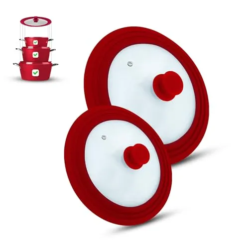 M.S.N 2er Set Universal Glasdeckel, 2-teilig, Töpfe und Pfannen 16/18/20 cm & 24/26/28 cm, mit Auslassventil und Silikonrand. (Rot, 16/18/20-24/26/28 cm)