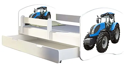 ACMA Kinderbett Jugendbett mit Einer Schublade und Matratze Weiß II 140 160 180 40 Design (180x80 cm + Bettkasten, 42 Traktor)
