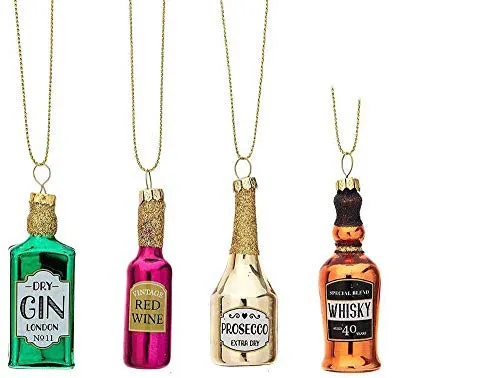 itsisa Baumschmuck Alkohol Flaschen 4er Set - Baumkugel Spirituosen, Weihnachtsdeko (Gin, Whiskey, Wein, Prosecco)