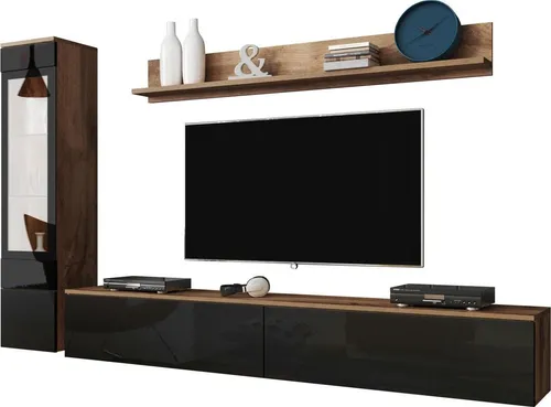 MIRJAN24 Wohnwand Vera I - Stilvolles Wohnzimmer-Set in Wotan/Schwarz Hochglanz - Moderne Wohnwand Vera I, vielseitig einsetzbar mit TV-Schrank und Vitrine, aus hochwertigem Laminat und in elegantem Design - ideal für ein stilvolles Wohnzimmer.