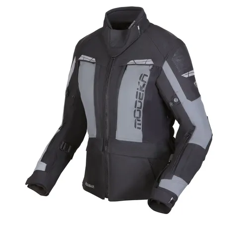 Modeka Hydron Damen Motorrad Textiljacke, schwarz/grau, 44 - Wasserdichte Motorradjacke mit elastischer Hydroflex-Membran für wechselnde Wetterbedingungen. Ideal für Fahrten bei 10°C – 35°C. Komfortabel und sicher dank abnehmbarer Protektoren und Belüftungsoptionen.