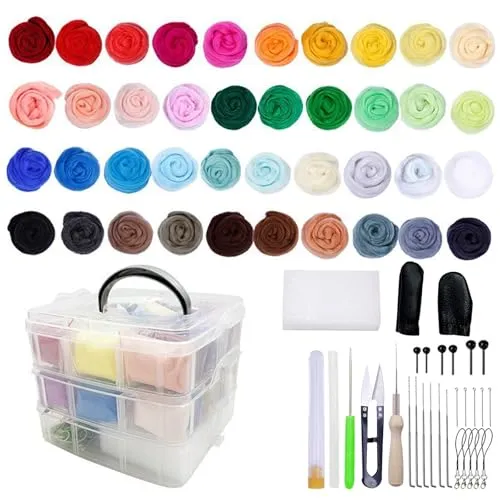 Farben Nadelfilz Set: Filzwolle Starter Kit, Filzwolle Roving, Nadelfilz Starter Set, mit Filznadeln Grundwerkzeugen und Zubehör, Nadel Filzen Starter Kit für DIY Bastelprojekte und Handarbeiten 40