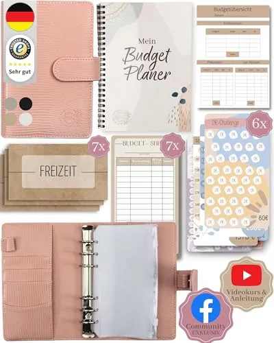 BeginnerBudget® Budget Planner Deutsch - A6 Ringbuch mit Sparchallenge - Fächer- & Ordnungsmappen: Perfekter Budgetplaner aus veganem Kunstleder für eine klare Übersicht über Ein- und Ausgaben. Inklusive Sparchallenge für motiviertes Sparen und hilfreichem Zubehör!