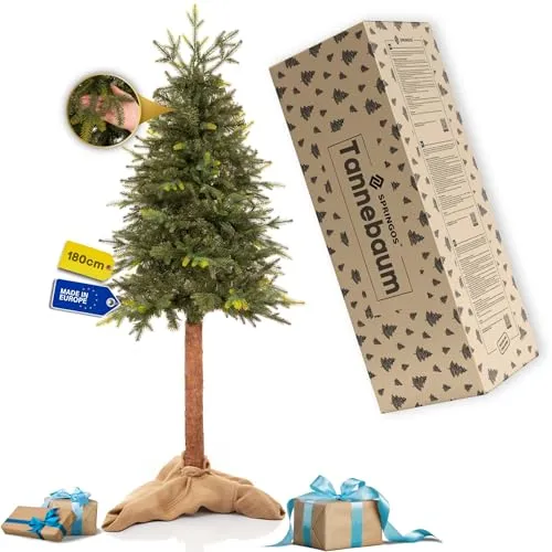 Springos Weihnachtsbaum künstlich 180cm auf Stamm Natürliche Fichte künstlich mit 304 Spitzen & echtem Holzstamm, Christmas Tree Christbaum klein für Festliche Dekoration