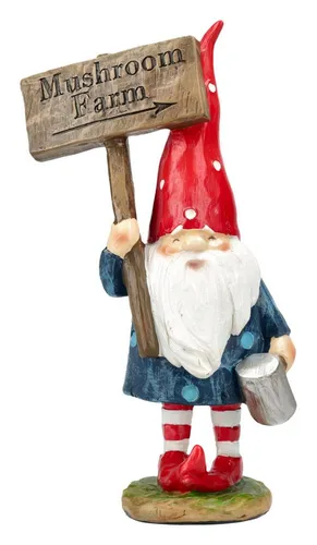 Figuren Shop GmbH Gartenzwerg mit Mushroom Farm Schild – Humorvolle Dekofigur 18 cm - Dieser witzige Gartenzwerg mit dem Schild „Mushroom Farm“ sorgt für gute Laune im Garten. Aus wetterbeständigem Kunststein gefertigt, ist er ein langlebiger Blickfang für Balkon und Beet.