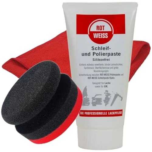 Craft-Equip Politurset bestehend aus Rotweiss Schleif- und Polierpaste 150ml + Handpolierschwamm + Microfasertuch