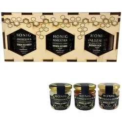 3er Holzgeschenkset mit 250g Honiggläsern in 3 Sorten inkl. Gravur 