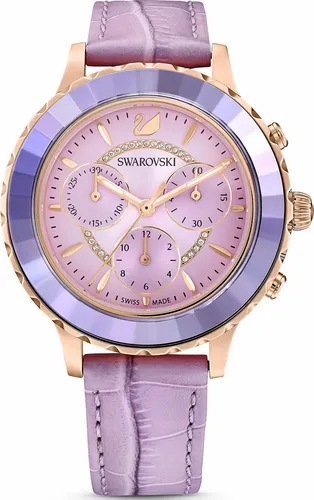 Swarovski Octea Lux Uhr Chrono - Elegante Damenuhr aus Edelstahl mit vergoldetem Gehäuse, lilafarbenem Zifferblatt und Swarovski Kristallen. Perfekt für jeden Anlass – wasserdicht bis 50m und ideal für modebewusste Damen.