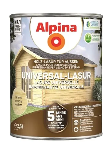Alpina Universal-Schutz Farblos 2,5 Liter - Holzlasur mit Nässeschutz-Technologie für bis zu 5 Jahre Schutz, ideal für Außenbereiche. Schnell trocknend, tropf- und spritzgehemmt – perfekt für Überkopfarbeiten.