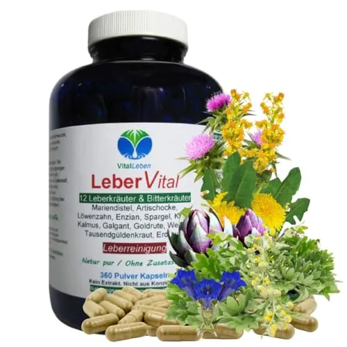 Leber Vital 12 Leberkräuter & Bitterstoffe - 360 Kapseln zur Leberreinigung - Präparate zur Entgiftung & Detox-Kur. Unterstützt die normale Leberfunktion mit 12 natürlichen Kräutern, ohne Zusatzstoffe, für eine effektive Entgiftung und Fettverdauung.
