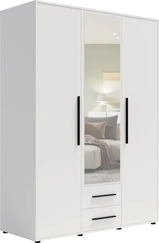 Lomadox Kleiderschrank MOLLERUSA-132, 150 cm breit, weiß matt mit schwarzen Griffen