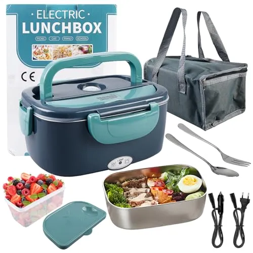 BORDEAG Elektrische Lunchbox,1,5L 60 W Tragbarer Speisenwärmer,Lunchbox Elektrisch,Tragbare Beheizte Lunchbox Für Auto,Lkw,Büro,Mit Gabel/Löffel Und Isolierter Tragetasche