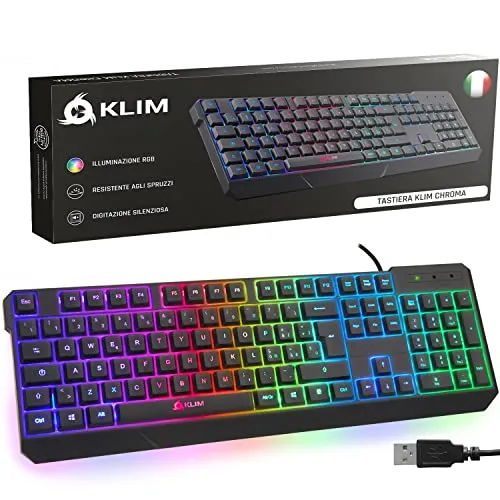 KLIM Chroma Italian USB Gaming Keyboard Videogame Farben und Hintergrundbeleuchtung - Gaming Keyboard - Tastatur für Videospiele, PC PS4 PS5 Windows, Mac - Schwarz