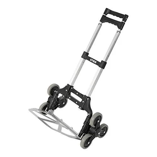 STIER Aluminium Sackkarre Treppensteiger - 70kg Tragkraft - Sackkarren für vielseitige Anwendungen: Ideal für Umzüge und Transporte mit klappbarem Design, höhenverstellbarem Griff und robusten Vollgummi-Rädern.