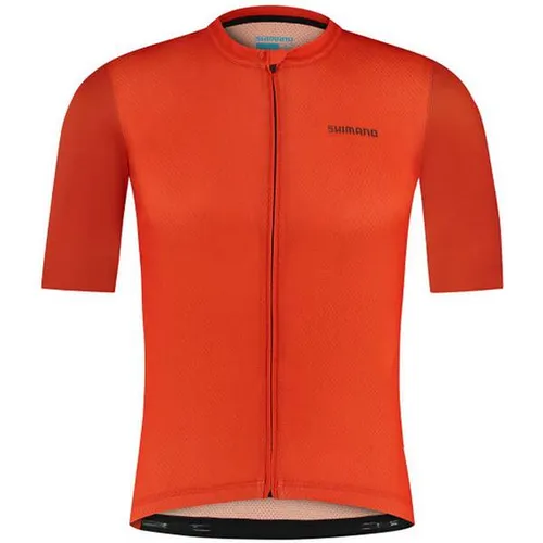 Shimano Aria Short Sleeves Jersey coral red XL - Biketrikots und Jerseys für Männer, leichtes und atmungsaktives Trikot aus 100% recyceltem Polyester, ideal für Bergfahrten und hohe Temperaturen mit reflektierenden Elementen für bessere Sichtbarkeit.