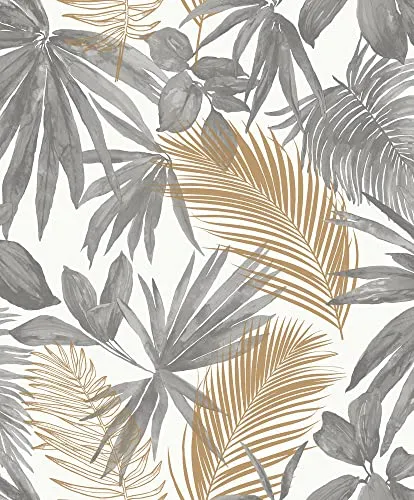 Tapete Grandeco Jungle Fever JF3601 weiß grau gold Blätter Farne