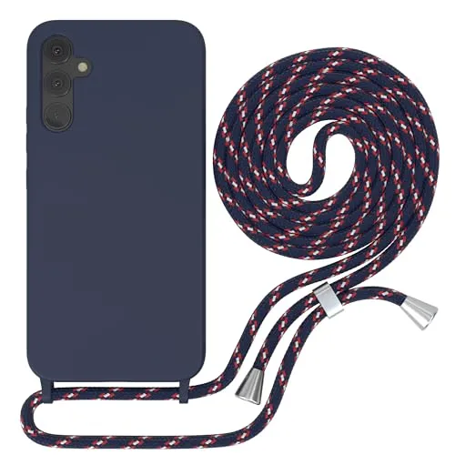 EAZY CASE - Hülle mit Kette - kompatibel mit Samsung Galaxy A34 Schutzhülle Kordel zum Umhängen,Umhängen Necklace, TPU Silikon Case, Blau mit Band Navy Camouflage Verschluss Silber