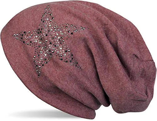 styleBREAKER Damen Slouch Beanie Mütze mit Strass Stern | Glitzer Longbeanie aus weicher Viskose | One Size für Erwachsene, Farbe:Bordeaux-Rot meliert