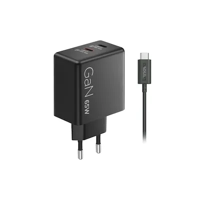 Lenovo Dual USB-C 65W GaN Ladegerät – Schwarz - Kompaktes 65W Ladegerät für Laptop und Handy. Mit modernster GaN-Technologie ermöglicht es schnelles und sicheres Laden von zwei Geräten gleichzeitig. Ideal für unterwegs und leicht zu transportieren.