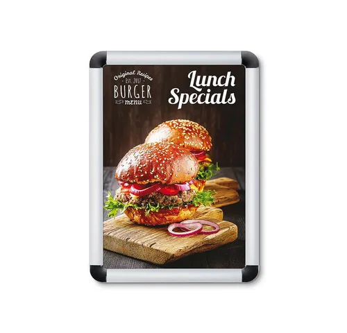 Showdown Displays Klapprahmen Rondo DIN A4 – eleganter Plakatrahmen - Hochwertiger Klapprahmen DIN A4 für stilvolle Präsentationen. Mit schlankem 20 mm Aluminiumprofil und praktischem Klappmechanismus für schnellen Posterwechsel. Ideal für Werbung und Informationen in jedem Umfeld.