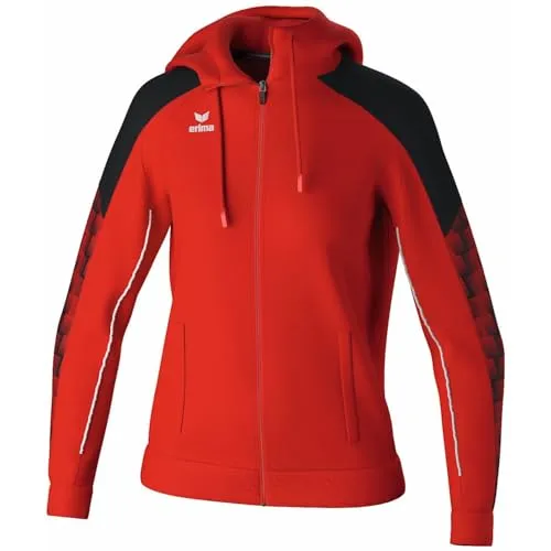 Erima Damen EVO STAR Trainingsjacke mit Kapuze, rot/schwarz, Größe 34 - Sportjacke aus strapazierfähigem Funktionsmaterial mit Raglanschnitt und elastischen Einsätzen für optimale Bewegungsfreiheit und Komfort beim Training.