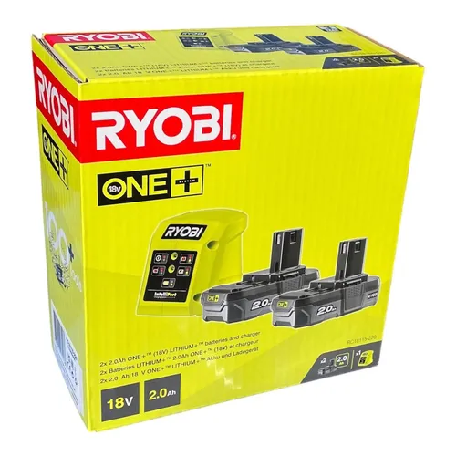 Ryobi® One+ RC18115-220 2x Akku 18V 2.0Ah + Ladegerät - Elektrowerkzeug-Akkus mit 2 Lithium-Ionen-Akkus, ideal für langlebige Leistung und schnelle Einsatzbereitschaft in jedem Projekt.