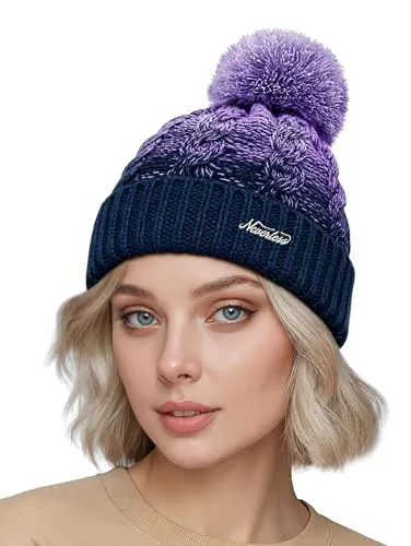 Neverless Strick-Mütze Damen Grobstrick Pudel-Mütze zweifarbig Ombré Bommel-Mütze Winter-Mütze Lavendel Unisize