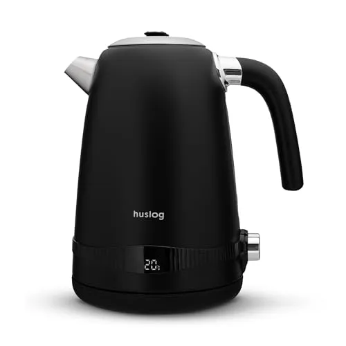 huslog Wasserkocher Retro 1,7L 2200W mit Temperaturregelung, LCD-Display, 7 Temperaturstufen 40-100°C, Cool Touch, Edelstahl SUS304, 360° Basis, BPA-frei, Schwarz