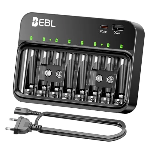 EBL Akku Ladegerät für AA AAA 9V Akkus, Schnellladegerät mit USB-C PD