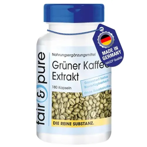 Fair & Pure Grüner Kaffee Extrakt 500mg, 180 Kapseln, hochdosiert mit 45% Chlorogensäure, Nahrungsergänzungsmittel vegan ohne Magnesiumstearat, in Deutschland hergestellt