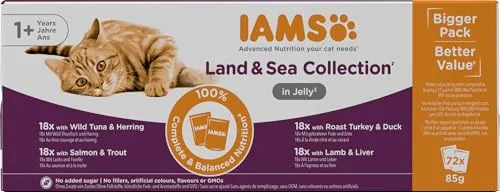 IAMS Delights Land & Sea Collection Katzenfutter Nass - Multipack mit Fleisch und Fisch Sorten in Gelee, Nassfutter für Katzen ab 1 Jahr, 72 x 85 g