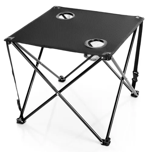 BigDean Campingtisch faltbar mit 2 Getränkehaltern Schwarz belastbar bis 30 kg – tragbarer & ultraleichter Tisch ideal für Camping, Garten, Festival & Angeln