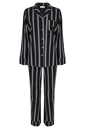 SNOOZE OFF Damen Schlafanzug | Elegantes Schwarz mit Streifen | 100% Baumwolle | Bequemer Pyjama mit Knopfleiste und Brusttasche - Stilvoller Damen Schlafanzug in klassischem Schwarz mit feinen Streifen. Aus 100% Baumwolle gefertigt, bietet er hohen Tragekomfort und Atmungsaktivität für entspannte Nächte. Perfekte Passform mit elastischem Bund und praktischen Details.