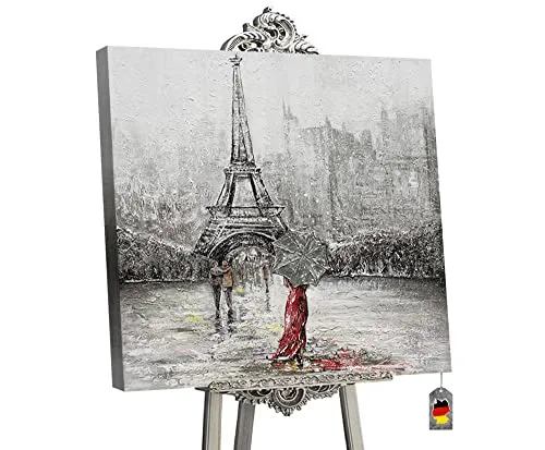 YS-Art Abstrakt Acryl Gemälde auf Leinwand Frankreich handgemalt Wandbild Wohnzimmer modern Wohndekor Bild schwarz weiß Rot Eiffelturm echte Kunst 90x90 cm
